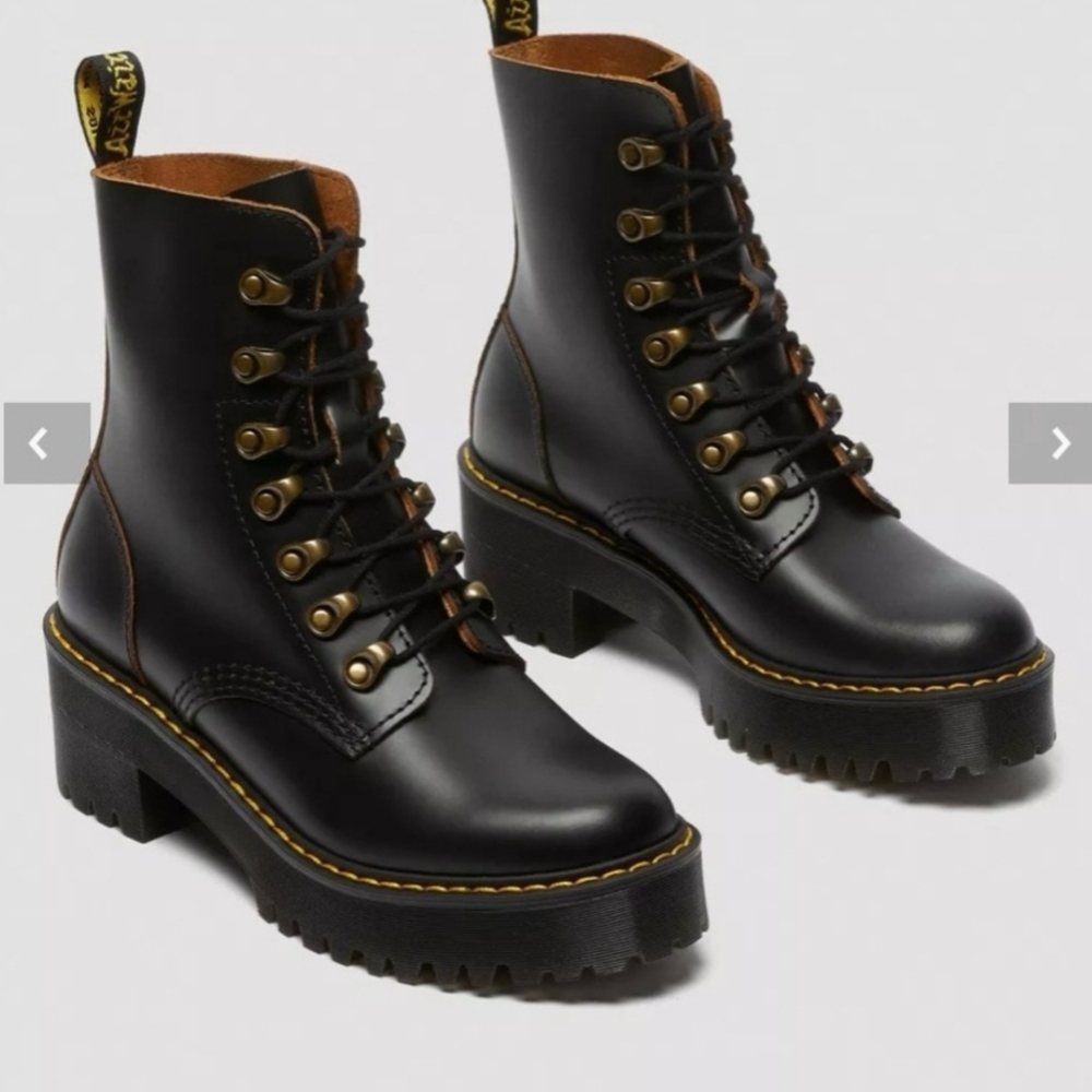 Dr. Martens Leona Mid Heel Platform Combat Boots, Docs High Heel Leather, 90s - Picture 15 of 16